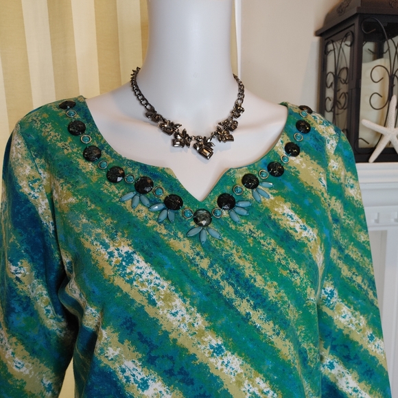 Ruby Rd. Tops - RUBY RD 3/4 SLEEVE DIAGONAL PRINT VNECK TOP, GREEN/BLUE MP